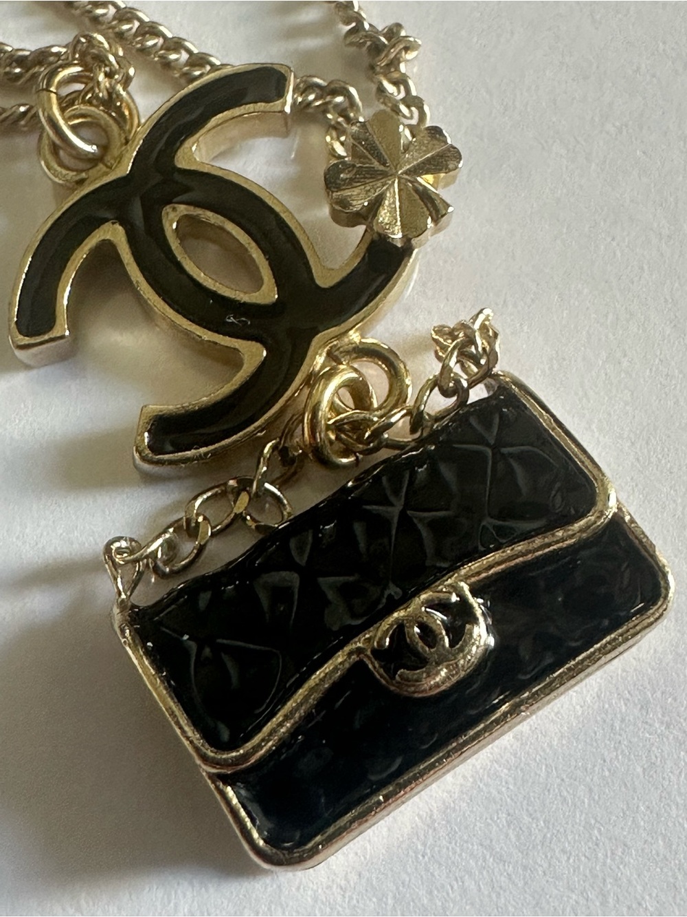 CHANEL B13S Enamel Quilted Flap Bag CC Clover Charm Necklace